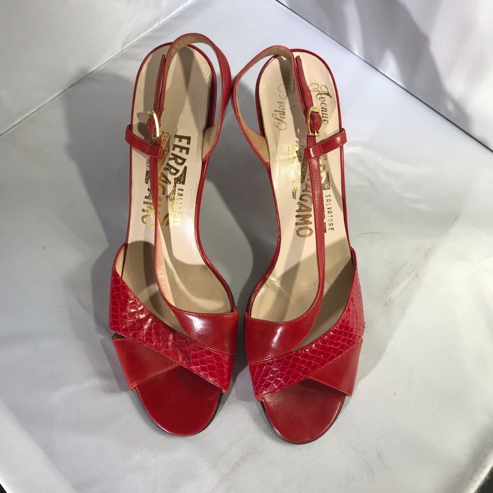 Vintage Ferragamo Red Snakeskin Slingbacks
